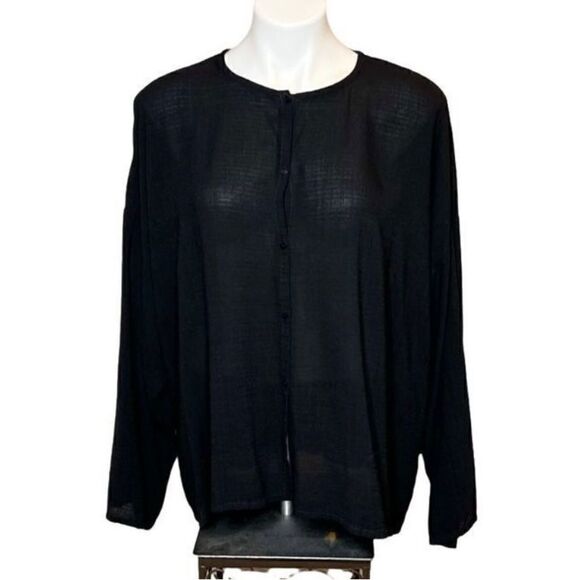 Eileen Fisher black linen blend button up top size M - Picture 1 of 15